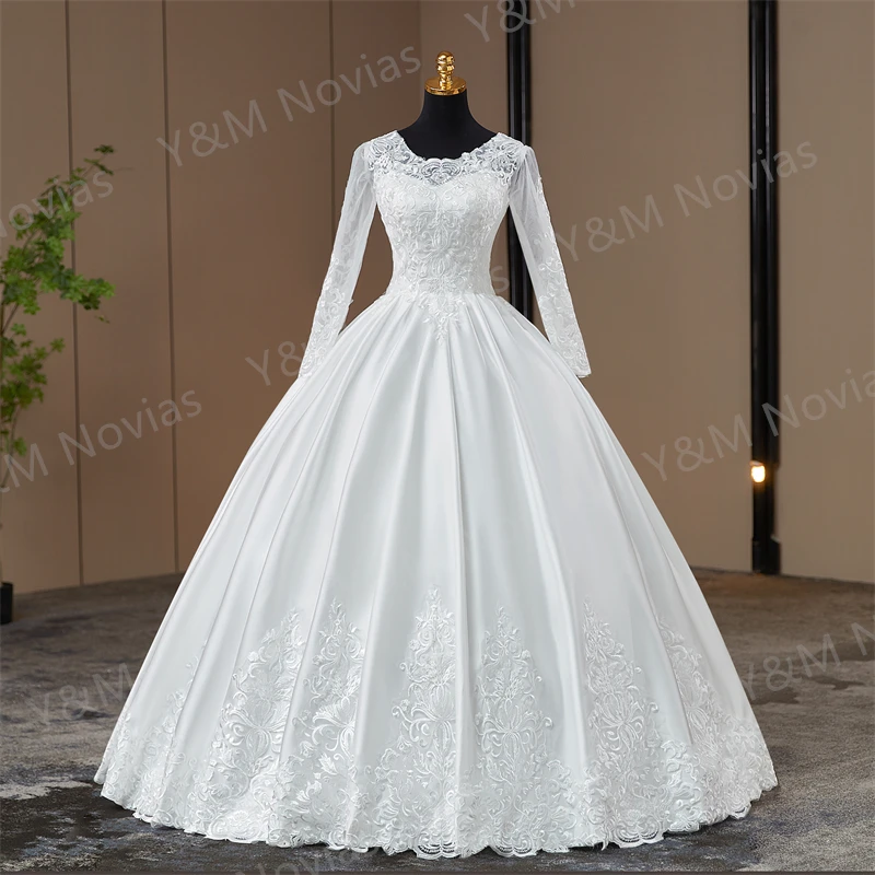 

Y&m Novias O Neck Robe De Mariage Ball Gown Plus Size Satin Wedding Dresses 2024 New Long Sleeve Bridal Vestido De Noivas Custom