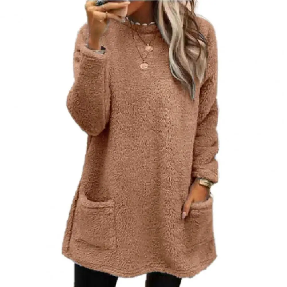

Women Sweatshirt Soft Thick Plush Long Sleeve Half-high Collar Warm Mid Length Pockets Loose Pullover Top Blouse