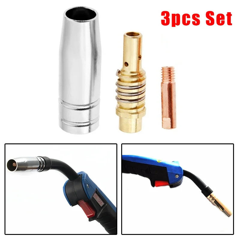 3pcs/Set CO2 MIG Welding Torch Air Cooled MB 15AK Contact Tip Holder Gas Nozzle Durable Welding Tool Parts Fitting Replacement