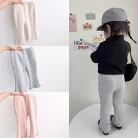 2023 Solid Girl Casual Flared Trousers Stretch Ribbed Wooden Hem Casual Trousers Girls Baby Spring Versatile Cotton Leggings 1