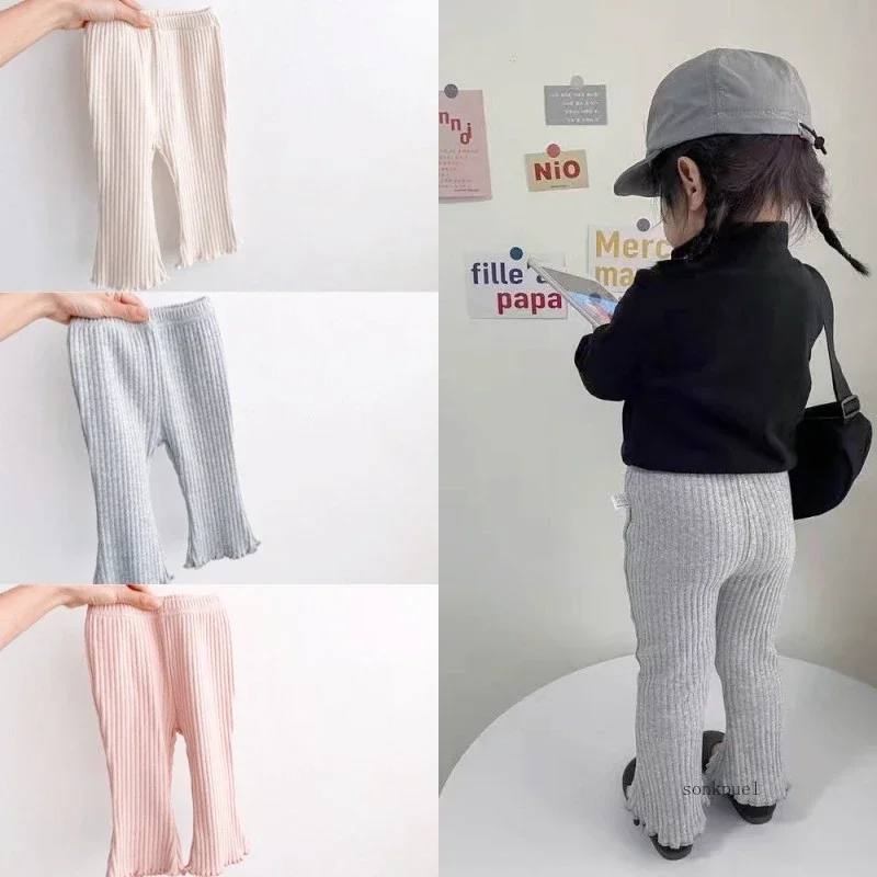 2025 Solid Girl Casual Flared Trousers Stretch Ribbed Wooden Hem Casual Trousers Girls Baby Spring Versatile Cotton Leggings