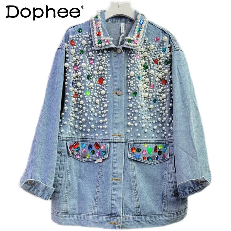 

Heavy Industry Colorful Crystals Beaded Denim Coats for Women Trendy 2023 New Spring European Style Cropped Jacket Slimming Coat