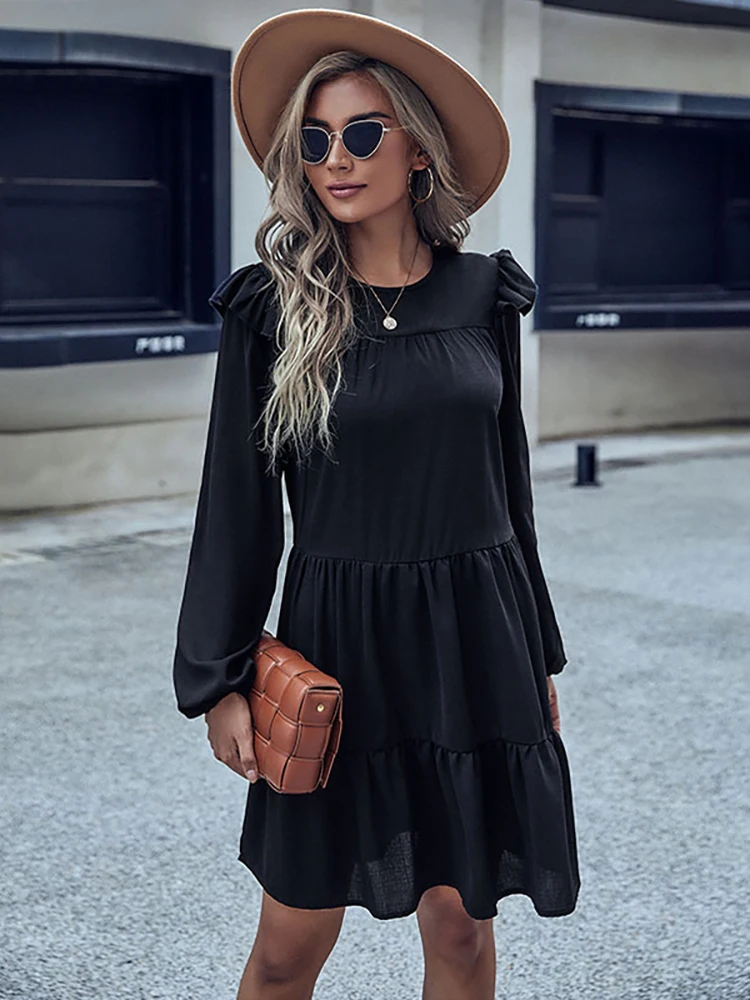 

JIM & NORA Round Neck 2023 Loose Dress For Women Fashion Casual Long Sleeve Solid Color Dresses Elegant Holiday Beach Vestidos