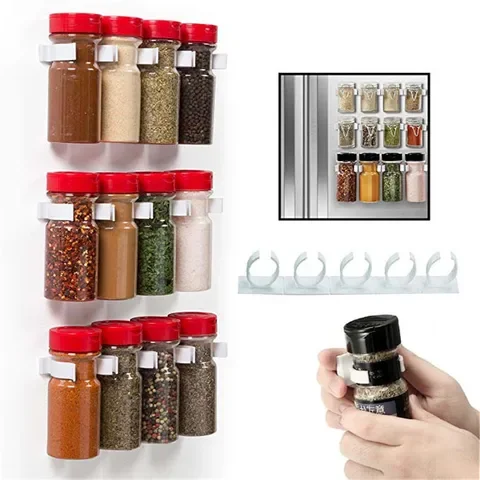 

Spice Jar Storage Rack Wall-Mounted Adhesive Seasoning Bottles Holder Cabinet Door Condiment Bottle Hanging Clips Kitchen Tool