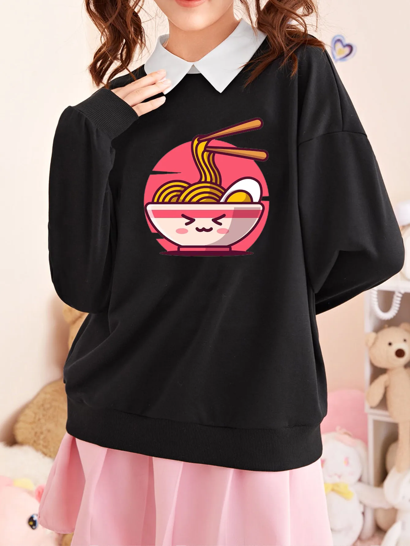 

High Quality Hand-Pulled Noodle Kawaii Print Korean Sweatshirts Tops