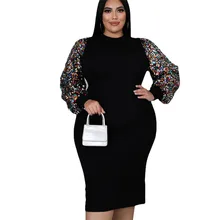 

Plus Size Dress Sexy Solid Color Sequined Puff Sleeve Fat Lady Dress Fat Woman Dress Utumn Spring New Fashion Party Dresses