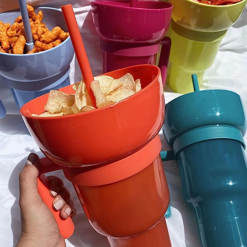 Creative Straw Cup 2 in 1 Snack Drink Cup Fried Chicken Popcorn Cola Storage Cups with Handle Snack Portable Water Bottles