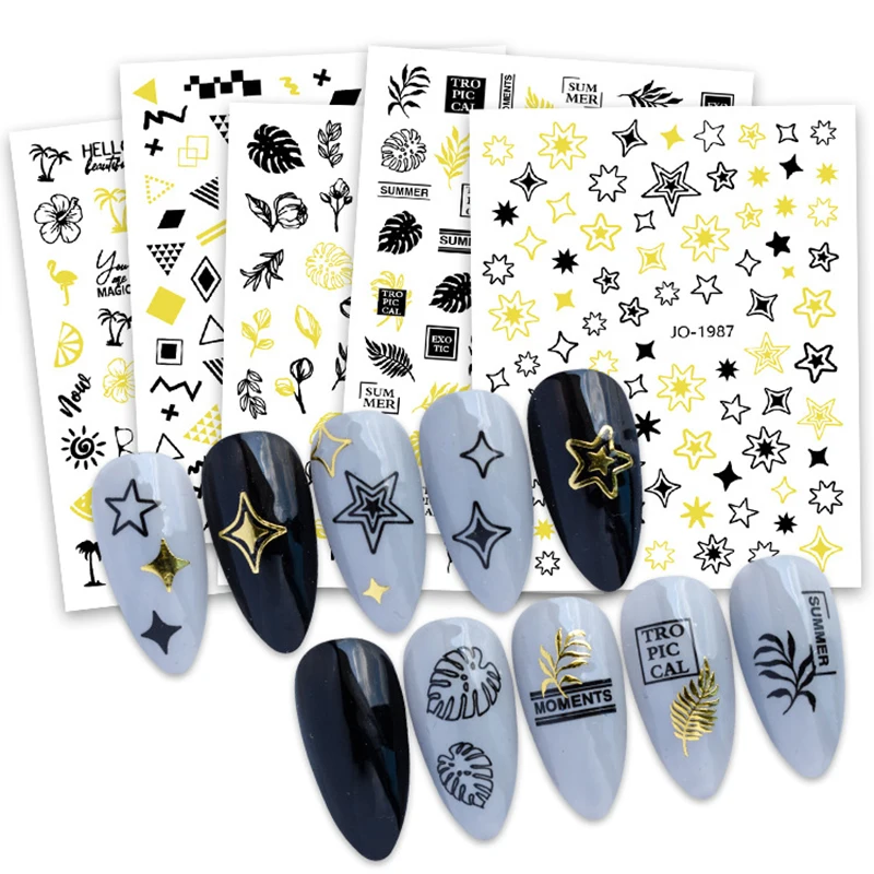 3D Nail Art Stickers Black Gold Laser Foils Press On Nails Summer Decals Sliders Decorations Flower Leaf Star Adesivi Naklejki