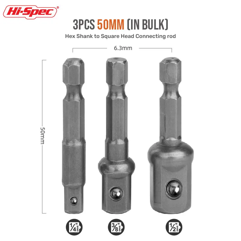 Hi-Spec 3pc Hexagonal Handle Rotating Square Head Sleeve Connecting Rod 1/2 1/4 3/8 Air Batch Electric Sleeve Connecting Convers batch head adapter hexagon handle self lockingconnecting rod electric drill screwdriver lengthened conversion sleeve connection