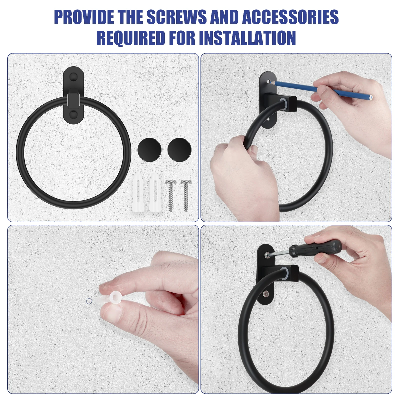 4 Pcs Aluminum Towel Ring Wall Mounted Bathroom Towel Hanger with Fixing Kit 180° Rotatable Rustproof Towel Holder for Kitchen