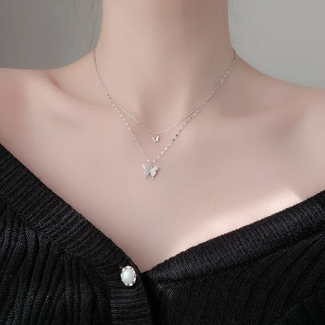 2022 Fashion Women Stainless-Steel Hip-Hop Animal Butterfly Double Layer Clavicle Chain Crystal Diamond Pendant Chain Jewelry 5