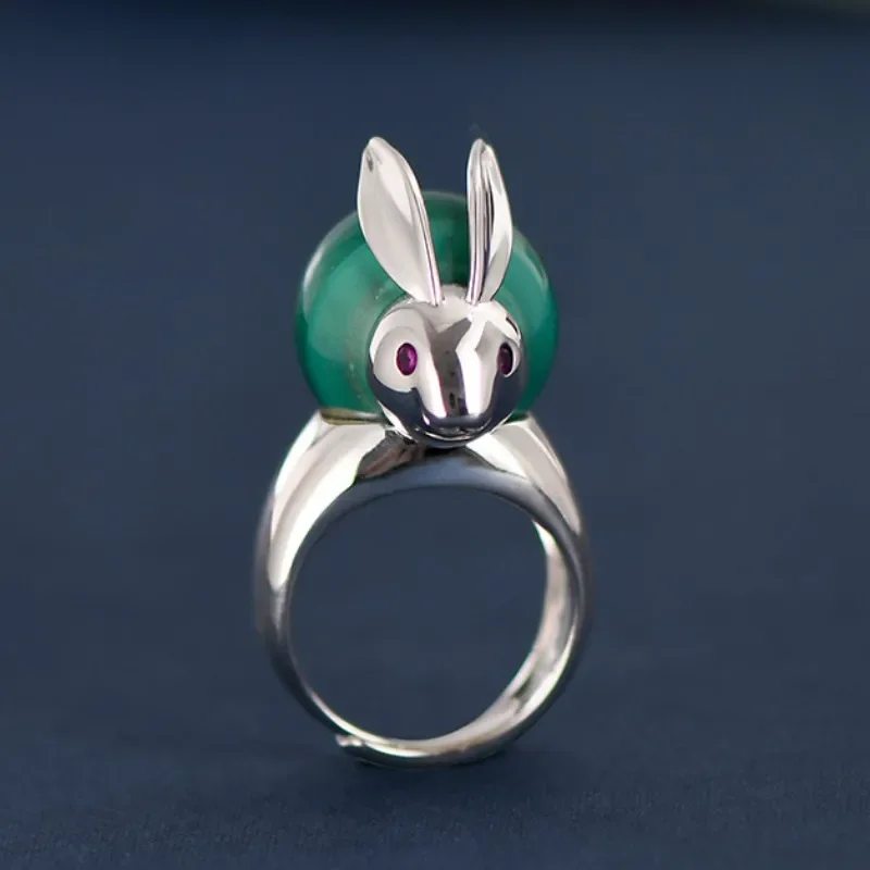 Genuine s925 sterling silver for Women New fashion personality malachite cute little rabbit ethnic style wide rings jewelry