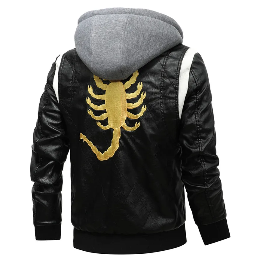 TPJB New Spring Leather Men s Jacket Removable Hoodied Scorpion Embroidery Motorcycle Jacket Men Slim Fit Leather Mens Jackets