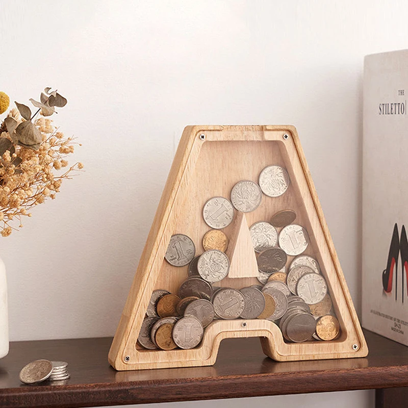 Description Picture 5 of itemWooden Letter Saving Box 26 Alphabet Moneybox Coin Money Piggy Bank Desktop Ornament Home Decor Crafts For Kids