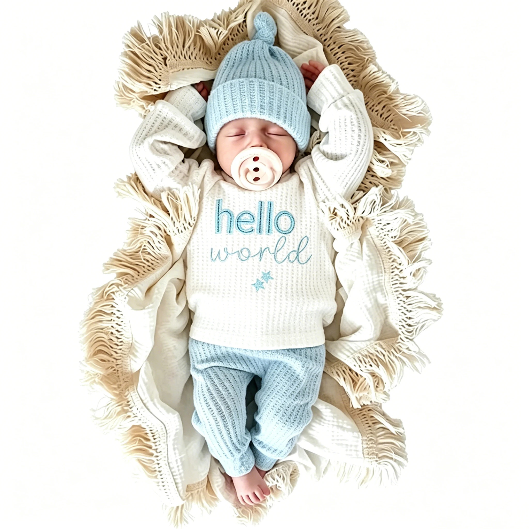 طقم ملابس للمواليد الجدد مكون من 3 قطع مع تطريز "Hello World" وقميص بأكمام طويلة وبنطلون وقبعة من قماش الوافل للأطفال حديثي الولاد...
