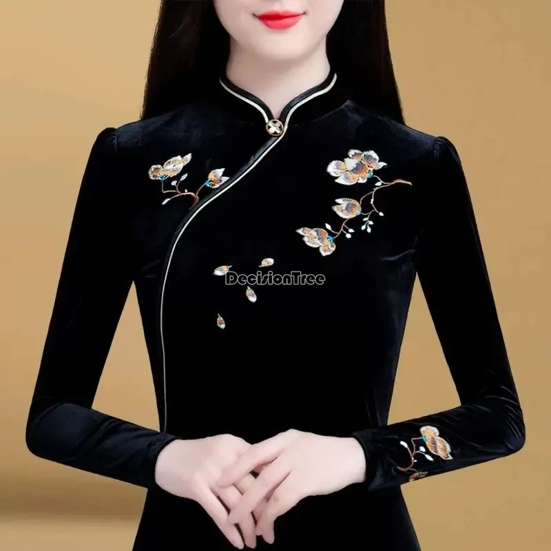 classical temperament embroidery qipao top chinese style autumn winter thicken warm blouse fashionable versatile cotton top women chinese shirt