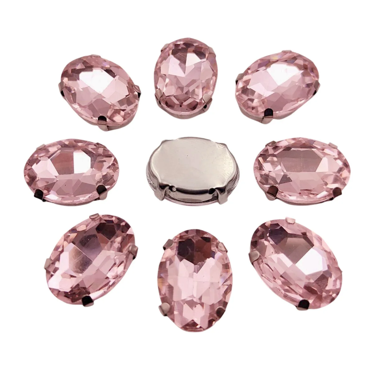 Oval Glass Rhinestones with Claw Setting on Silver Metal Base
