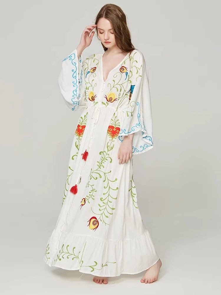 Robe Boho Modcloth (Pink Owl) - Taille S - Couleur Menthe - Col Brodé, Manches Chauve-souris - Neuf Avec étiquettes