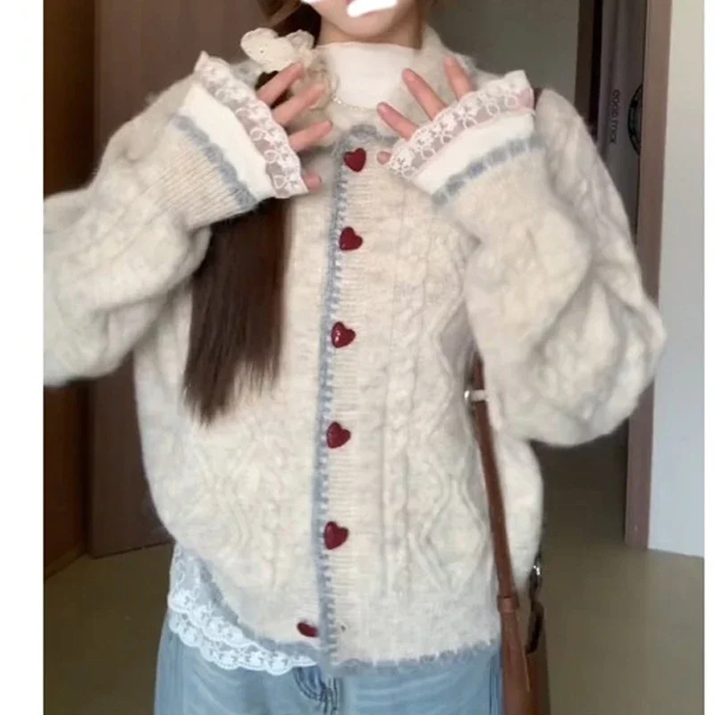 Autumn and Winter Fashion Women's Clothing Love Button Lapel Long-sleeved Sweater Elegant Loose Cardigan Knitwear Casual Top