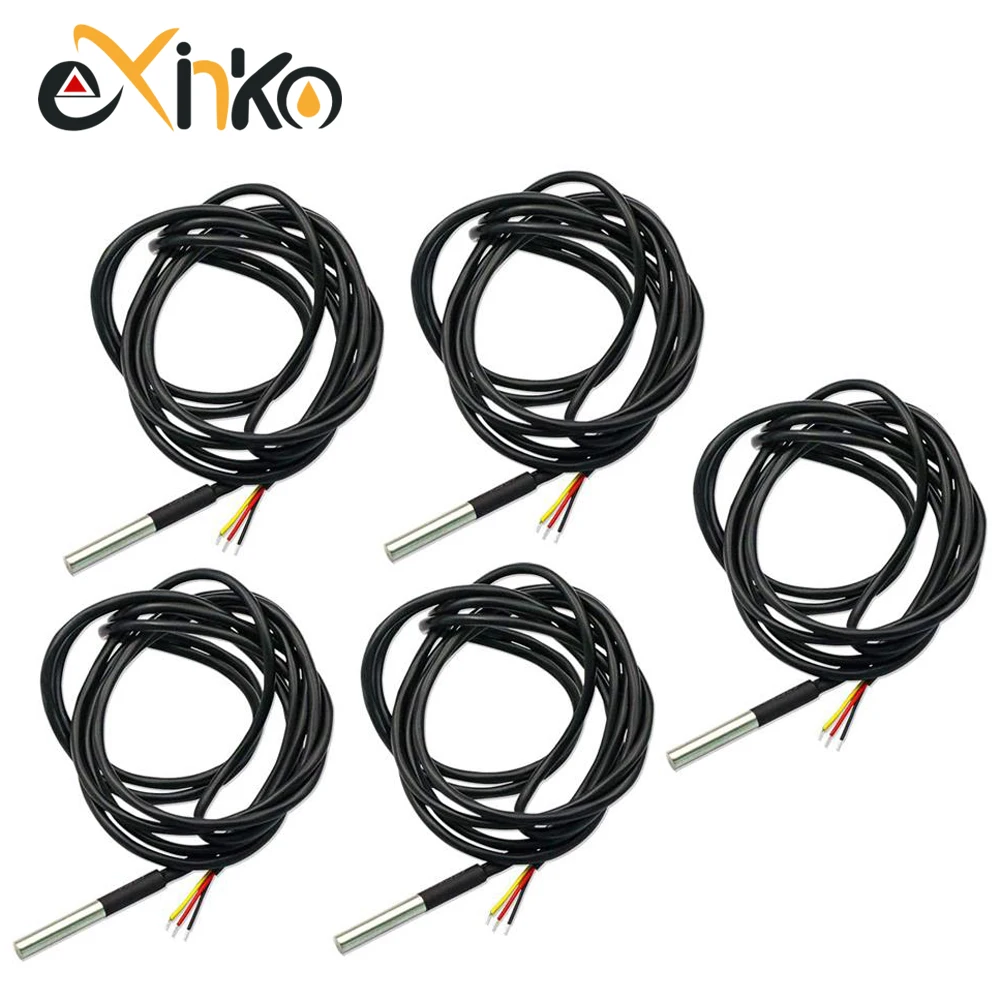 Hilitchi 5pcs DS18B20 Waterproof Temperature Sensor Probe - Stainless Steel, 1m Cable, -55°C To +125°C
