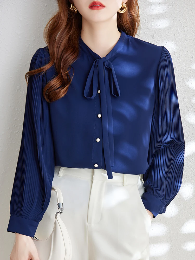 

Однотонная женская рубашка с сапфировым покрытием, плиссированный рукав, Офисная Женская длинная рубашка на пуговицах с жемчугом и галстуком-бабочкой, Белый Элегантный Модный женский топ