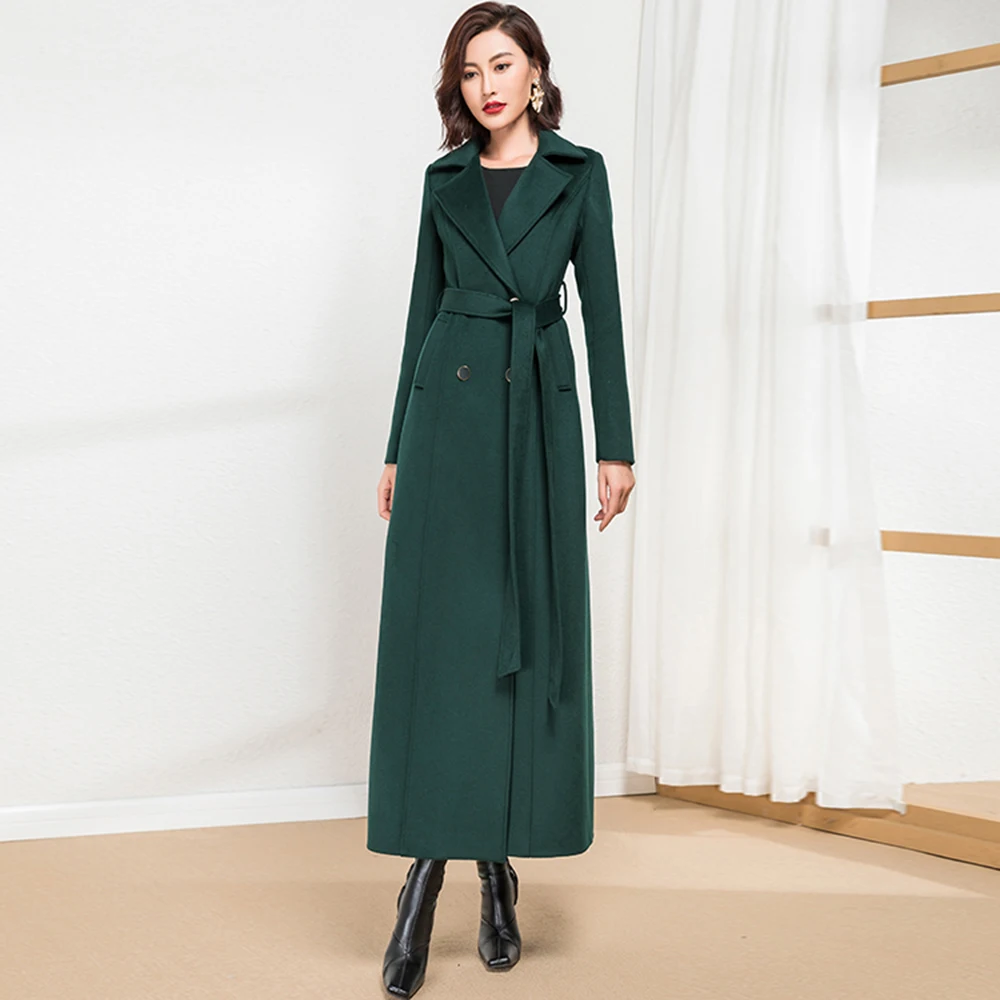 New Women Long Woolen Coat Autumn Winter Elegant Fashion Suit Collar Slim Wool Blends Overcoat Simplicity Dark Green Woolen Coat