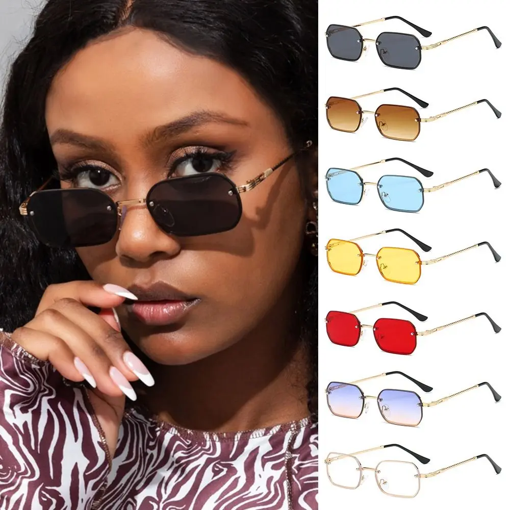 

Квадратные прямоугольные солнцезащитные очки, винтажные цветные очки без оправы в стиле ретро с защитой UV400, маленькие солнцезащитные очки для женщин и мужчин