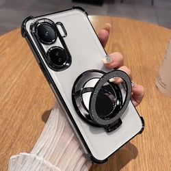 Glitter Mirror Magnetic Holder Shockproof Soft Back Cover with Plating Finish - POCO M6 PRO 5G (Black)