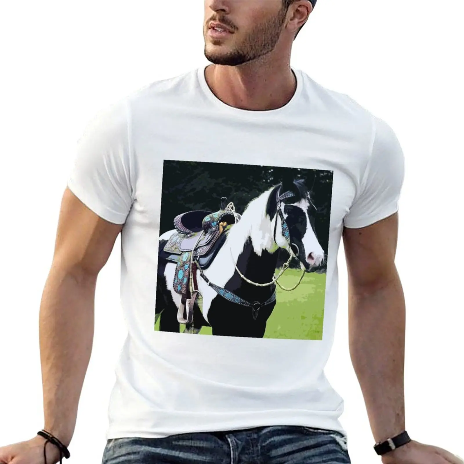 

Paint Horse with Matching Turqouise Saddle T-shirt quick drying plain men clothings
