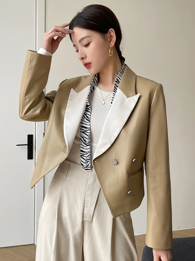 

High-end Slim Cropped Genuine Leather Blazer Jacket Women 2024 New Trend Spliced Contrast Notched Collar Real Sheepskin Coat