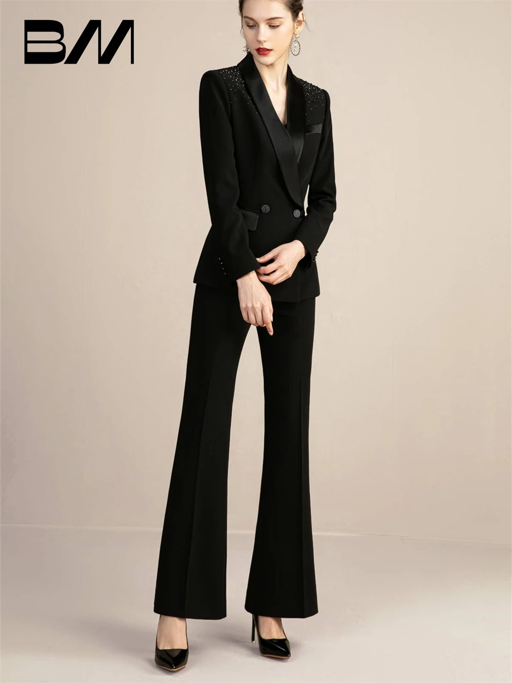 Fashion Black Women Suit Set With Glitter Details Long Sleeve Silky Neck Double Breasted Two Pieces Pantsuit Autumn Outfit