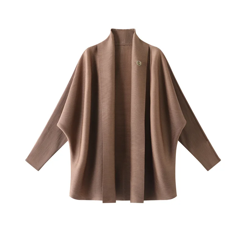 Miyake Pleated Cardigan Top for Women 2025 New Solid Color Scarf Neck Bat Sleeve Loose Large Size Button-free Jacket for Women
