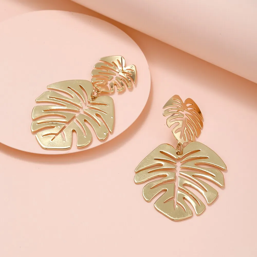 Bohemian Hollow Exaggerated Leaf Dangle Earrings Drop Earrings Long Earrings Golden Earrings For Women Lady Geometric Tropical Plant Jewelry Gifts