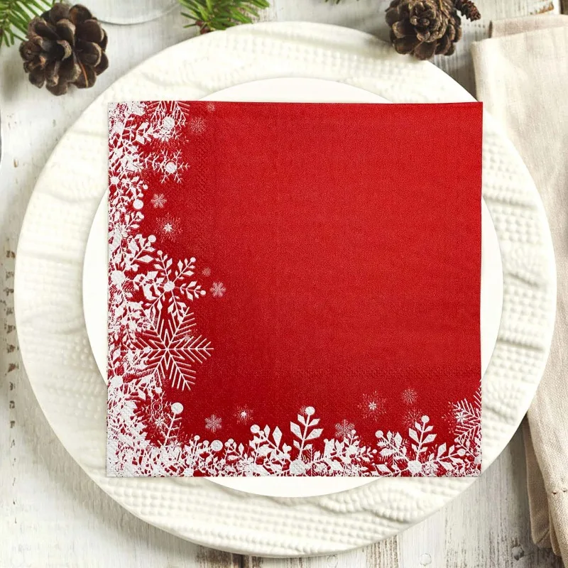 10/20 Stück 33 cm 2-lagige weihnachtliche rote Schneeflocken-Papierservietten, Weihnachtsdekorationszubehör, bedruckte Servietten für Eis, Festival, Party – Detail 1