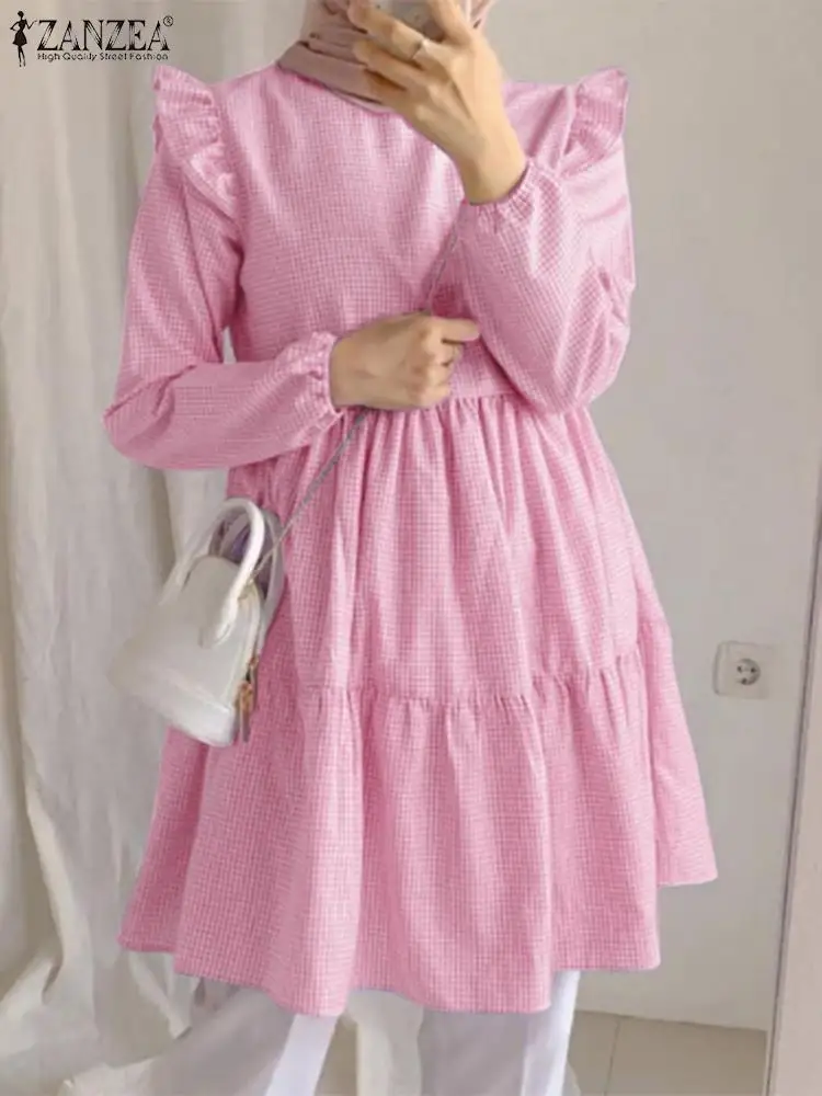

Autumn Checked Blouse Women Elegant Long Shirt Muslim Fashion Tops ZANZEA Casual Long Sleeve Blusas Eid Mubarek Abaya Kaftan