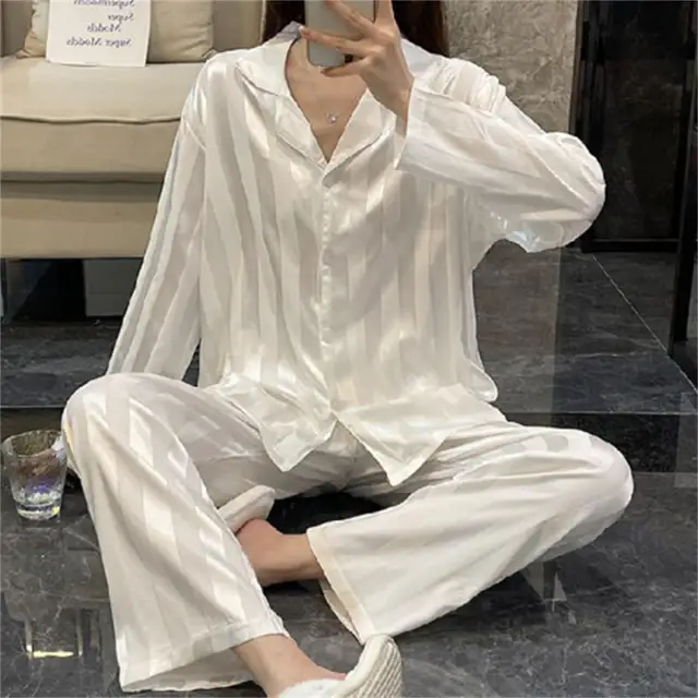 Ensemble pyjama rayé pour femmes, haut à manches longues, pantalon en Satin de soie, costume de maison, ample, décontracté, vêtements de nuit féminins, été