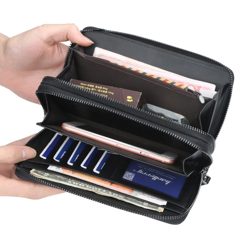 RFID Women's Black Wallet Made of Genuine Leather Large Plaid Zipper Coin Purse Long Wristband Money Clip Clutch Bag Card Holder