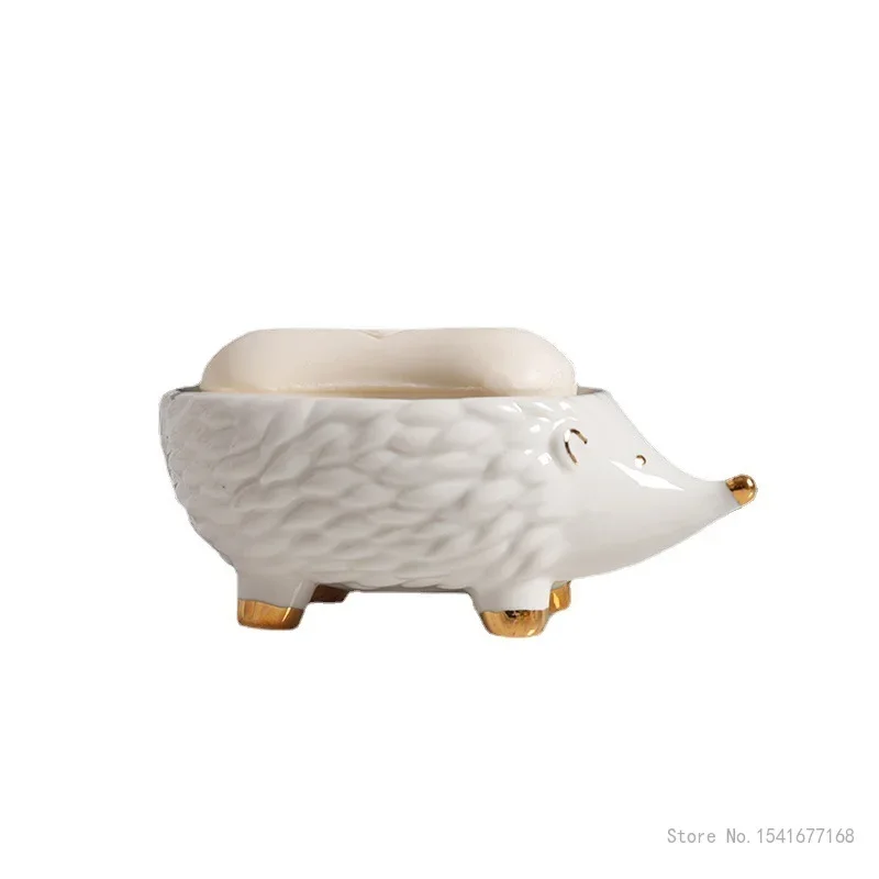 1pc Creative Light Luxury Ceramic Drain Soap Box Cartoon Cute Hedgehog Shaped Kitchen Bathroom Accessories Soap Dish Storage Box