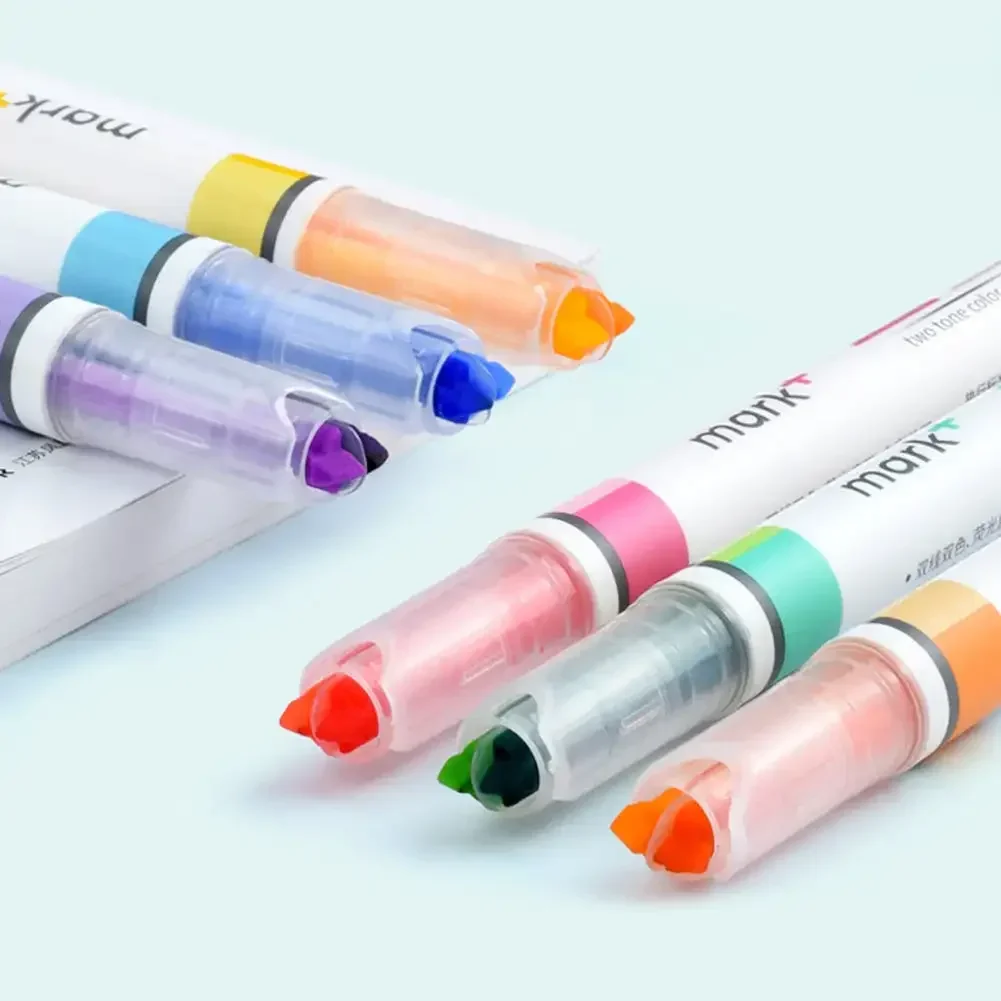 6pcs/pack Beetle A Two-color Highlighter Color Marker Pen Student Office Stationery Light Color Dark Dark Thick Pen