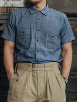 Non Stock Cigarette Pocket Chambray Shirt WWII Simplified Version Mens Short-Sleeve Work Shirt 2