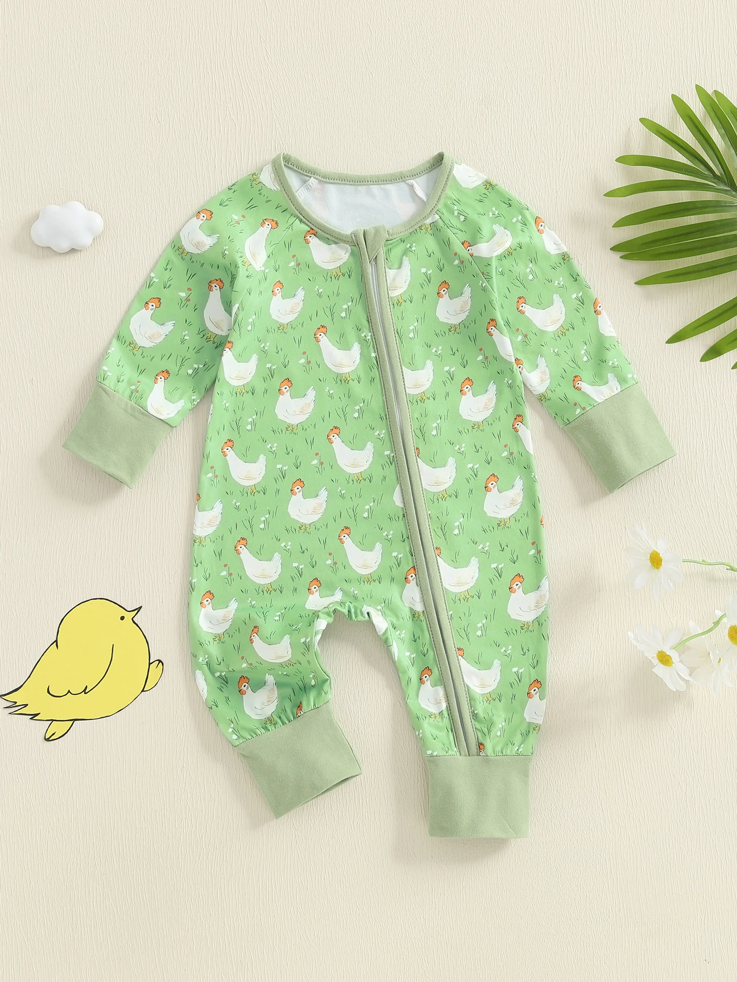 FOCUSNORM 0-18 Monate Kleinkinder Baby Mädchen Jungen Herbst Overalls Huhn Aufdruck Langarm Rundhals Schräger Reißverschluss Strampler mit Stirnband – Detail 4