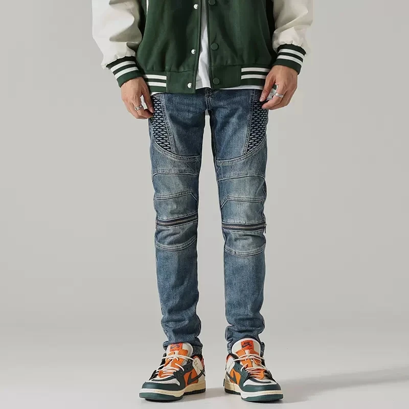 Street Fashion Men Jeans Retro Blue Slim Fit Elastic Spliced Biker Jeans Homme Patch Designer Hip Hop Pants Men Punk Trousers