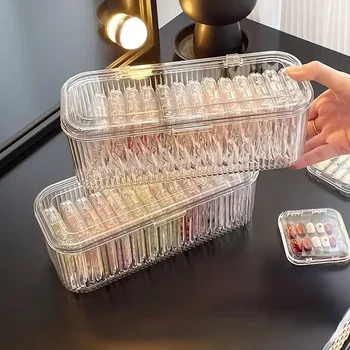 Storage Box Cosmetic Storage Box Transparent Stripe Rectangular Cover Dust Proof Handmade Nail Sealed Table Top Packaging Box