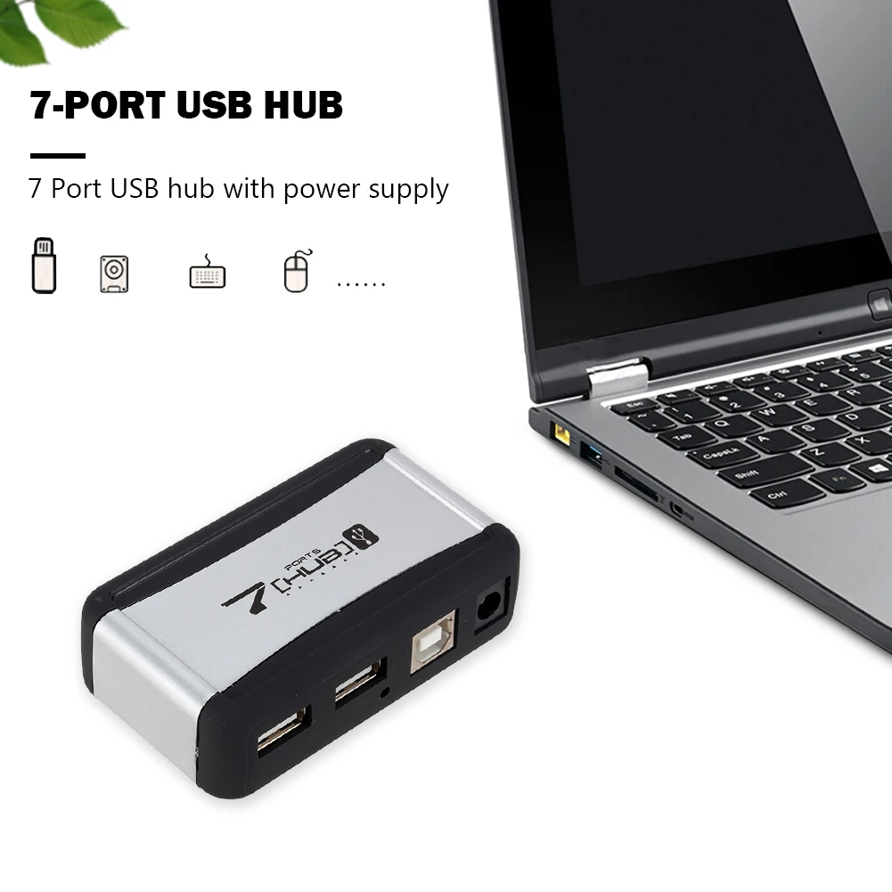 EU/US Plug Vertical USB Hub Multi 7 Ports USB 2.0 Splitter with Power Adapter 480 Mbps USB 2.0 hub for PC Computer Accessories