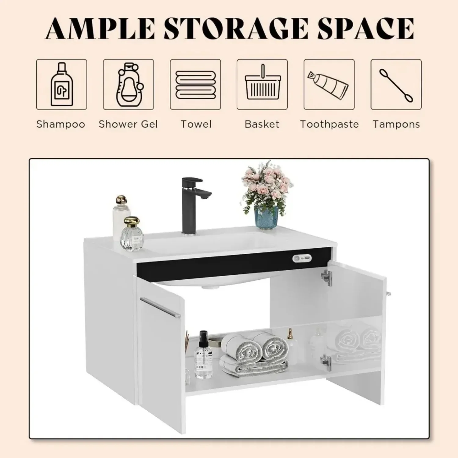 31"LED Floating Bathroom Vanity with Sink High Gloss Single Sink Wall Mounted Bathroom Storage Vanity Cabinet with Metal Handles