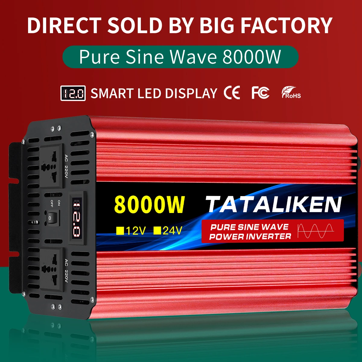 อินเวอร์เตอร์ Pure Sine Wave 12 V/24 V ถึง 220 V/110 V 50/60 HZ Transformforme Power Converter dc to ac อินเวอร์เตอร์พลังงานแสงอาทิตย์พร้อมจอแสดงผล LED 1