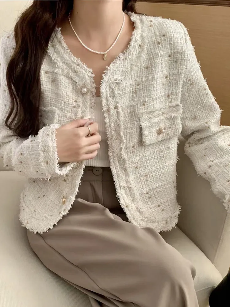 

New Arrival Vintage Elegant Tweed Coat Women Long Sleeve O-Neck Single-Breasted Woolen Jacket Outwear Women Fashion Top