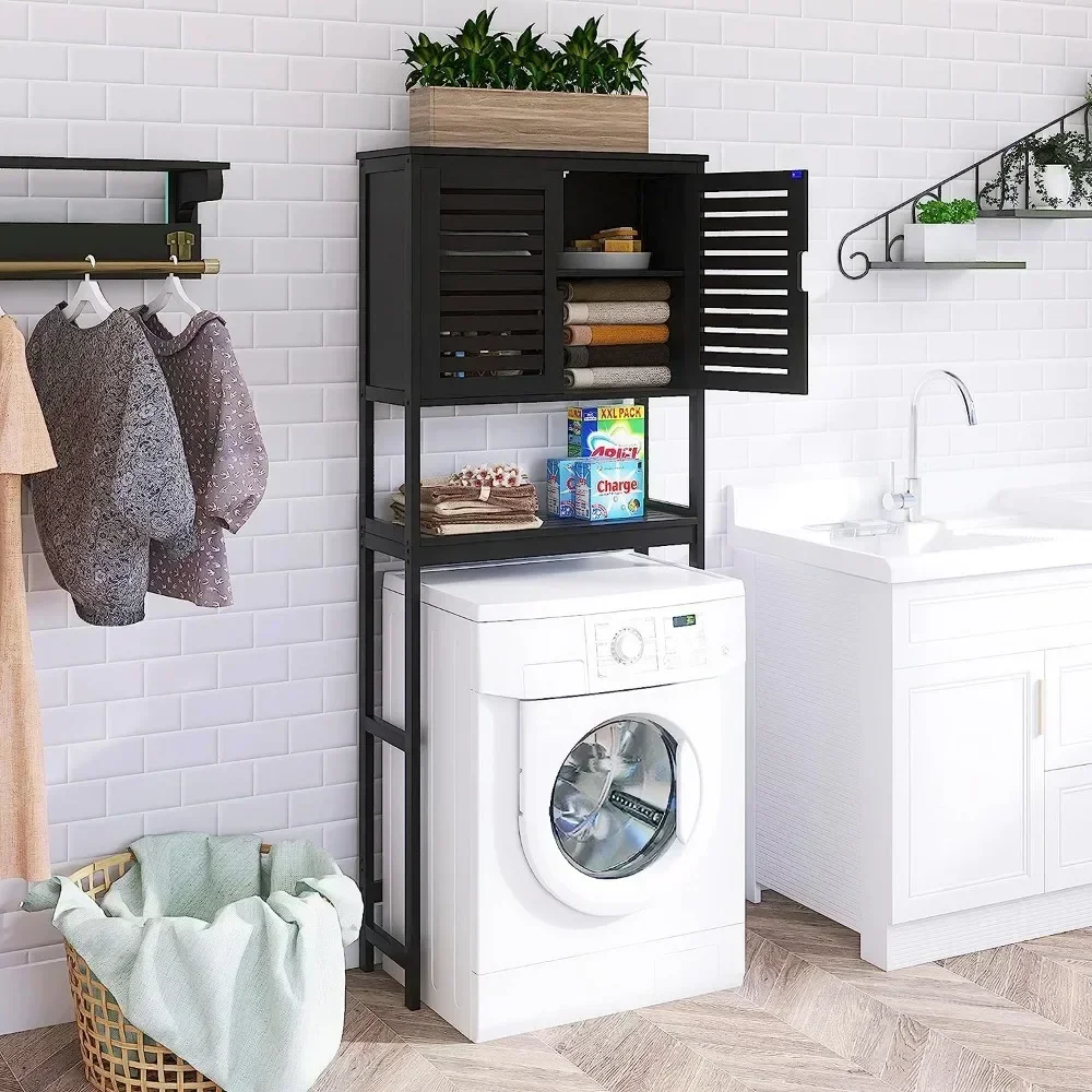 Bathroom Storage Shelf With Cabinet Bamboo Over-The-Toilet Organizer Rack Furniture Home