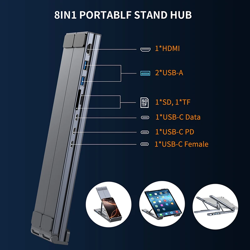 8 in 1 USB C 노트북 도킹 스테이션 스탠드 (USB C, 2개의 USB 3.1, SD/TF 카드 포트, PD 100W 지원), 맥북용 범용 도킹 스테이션