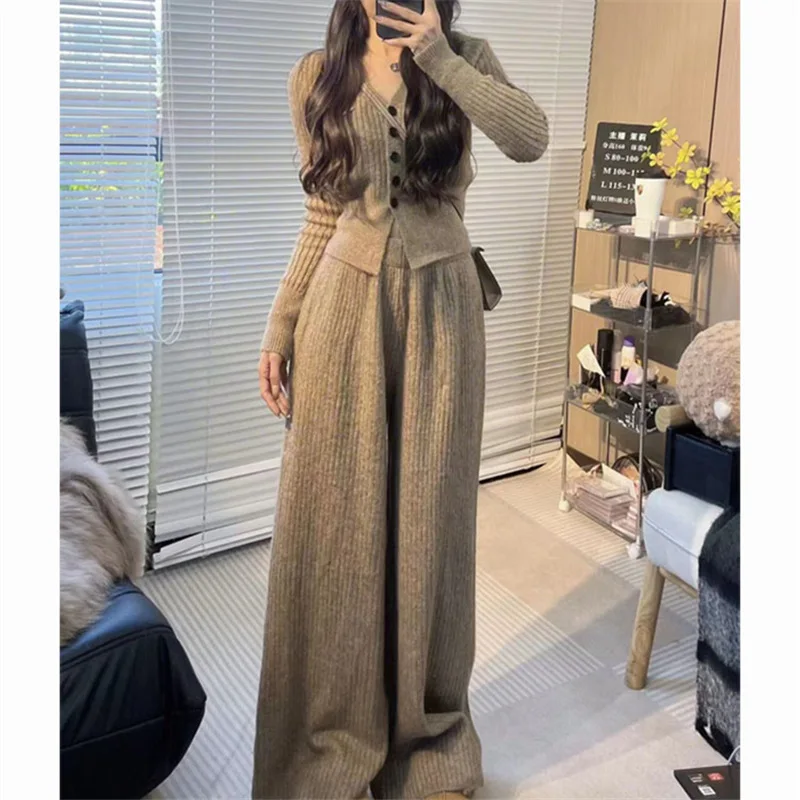 Korean Style Women's Knitted Cardigan Top+pants Set 2024 Spring New V-neck Cardigan+loose Wide Leg Pants Two-piece Set Y2k